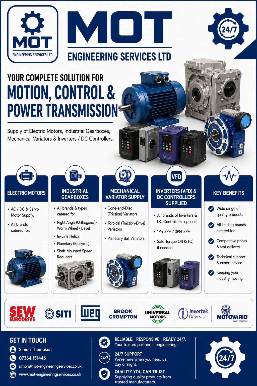 Electric motors, gearboxes, variators and drives